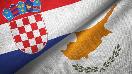 Croatia and Cyprus two flags textile cloth, fabric textureの写真素材