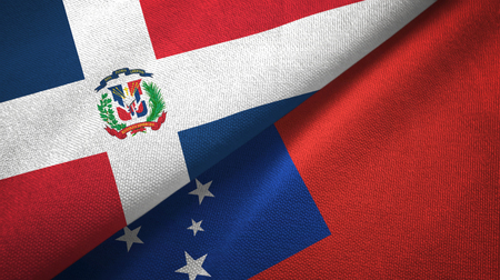 Dominican Republic and Samoa two flags textile cloth, fabric textureの写真素材