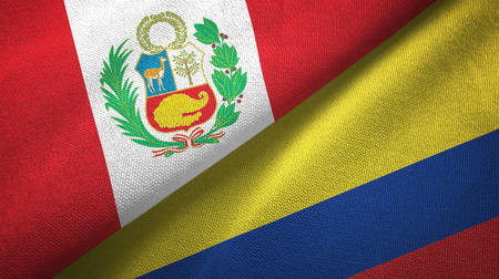 Peru and Colombia two flags textile cloth, fabric textureの写真素材