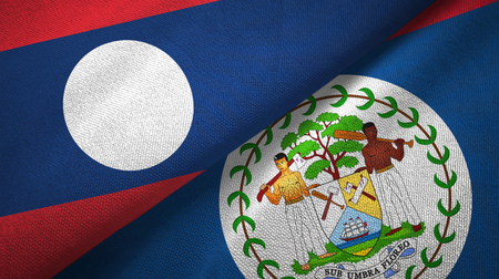 Laos and Belize two flags textile cloth, fabric textureの写真素材