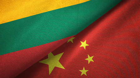 Lithuania and China two flags textile cloth, fabric textureの写真素材