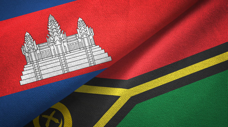 Cambodia and Vanuatu two flags textile cloth, fabric textureの写真素材