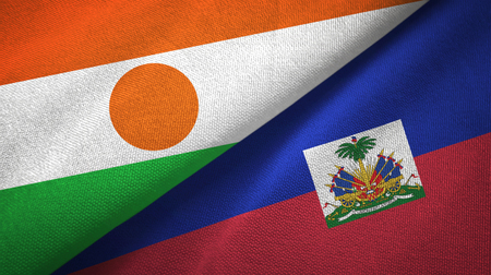 Niger and Haiti two folded flags togetherの写真素材