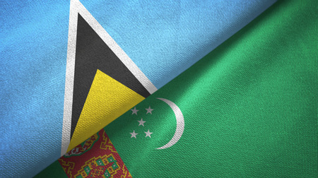 Saint Lucia and Turkmenistan two flags textile cloth, fabric textureの写真素材