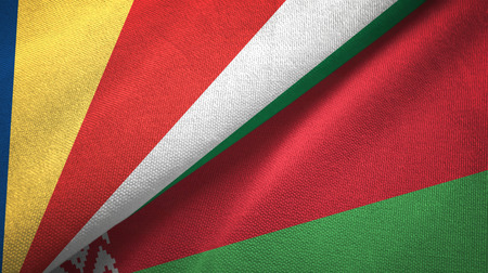 Seychelles and Belarus two flags textile cloth, fabric textureの写真素材