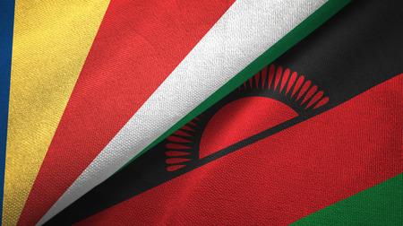 Seychelles and Malawi two flags textile cloth, fabric textureの写真素材