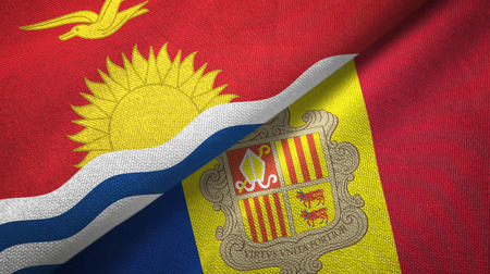 Kiribati and Andorra two flags textile cloth, fabric textureの写真素材