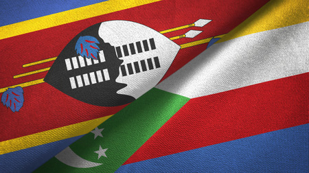 Eswatini Swaziland and Comoros two flags textile cloth, fabric textureの写真素材