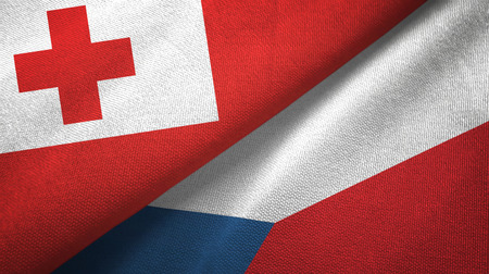 Tonga and Czech Republic flags together textile cloth, fabric textureの写真素材