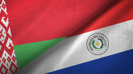 Belarus and Paraguay two flags textile cloth, fabric textureの写真素材