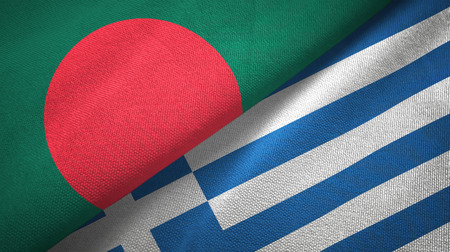 Bangladesh and Greece two flags textile cloth, fabric textureの写真素材