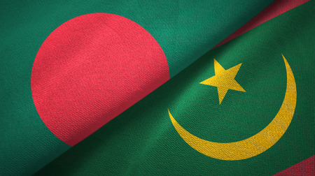 Bangladesh and Mauritania two flags textile cloth, fabric textureの写真素材