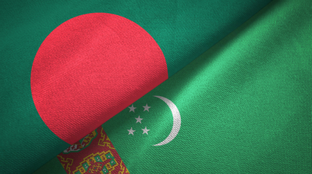 Bangladesh and Turkmenistan two flags textile cloth, fabric textureの写真素材