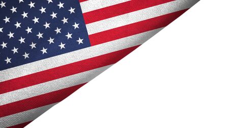 United States flag isolated on white background placed on the left side with blank copy space