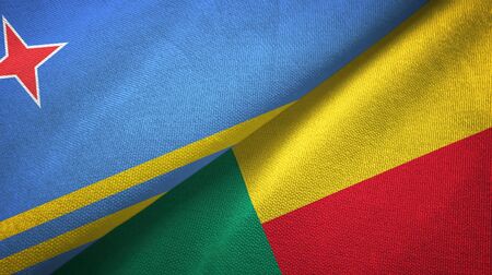 Aruba and Benin two folded flags togetherの写真素材