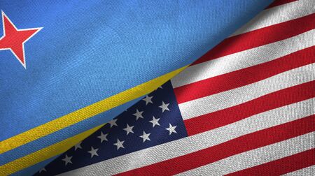Aruba and United States flags together textile cloth, fabric textureの写真素材