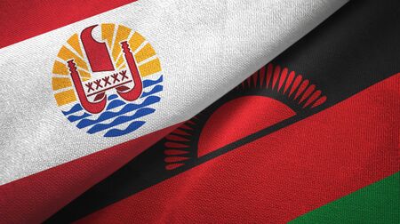 French Polynesia and Malawi flags together textile cloth, fabric textureの写真素材