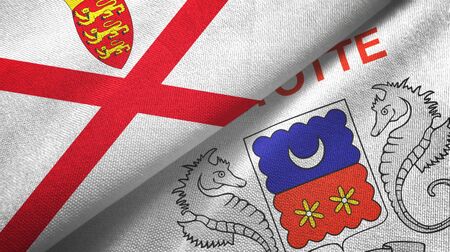 Jersey and Mayotte two folded flags togetherの写真素材