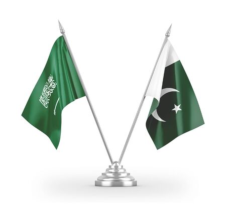 Pakistan and Saudi Arabia table flags isolated on white background 3D renderingの写真素材