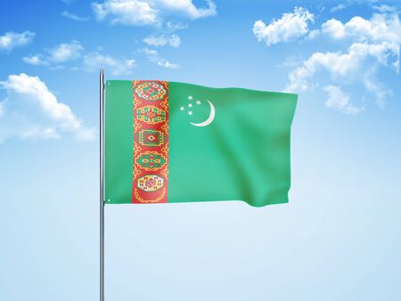 Turkmenistan flag waving in the cloudy sky 3D illustrationの写真素材
