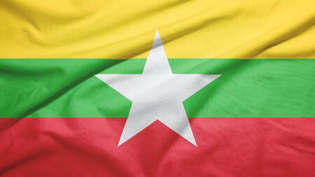 Myanmar waving flag on the fabric textureの写真素材