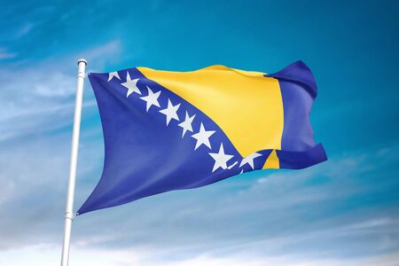 Bosnia and Herzegovina flag waving in the cloudy sky 3D illustrationの写真素材