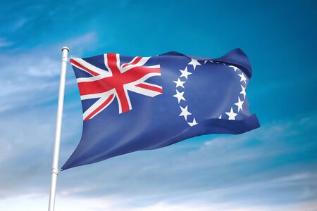 Cook Islands flag waving in the cloudy sky 3D illustrationの写真素材