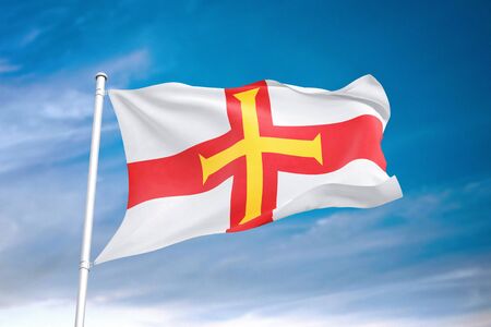 Guernsey flag waving in the cloudy sky 3D illustrationの写真素材