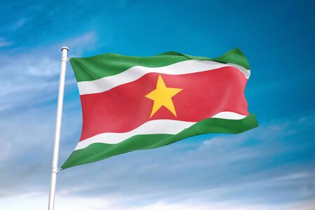 Suriname flag waving in the cloudy sky 3D illustrationの写真素材
