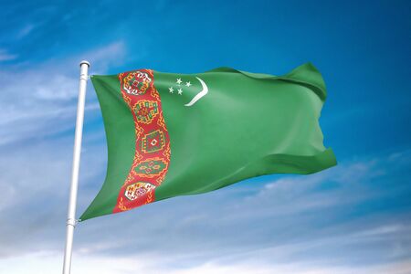 Turkmenistan flag waving in the cloudy sky 3D illustrationの写真素材