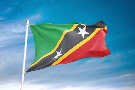 Saint Kitts and Nevis flag waving in the cloudy sky 3D illustrationの写真素材