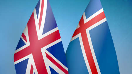 United Kingdom and Iceland two flags together blue backgroundの写真素材