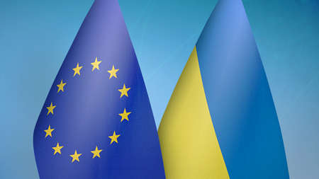 European Union and Ukraine two flags together blue backgroundの写真素材