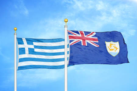 Greece and Anguilla two flags on flagpoles and blue cloudy sky backgroundの写真素材