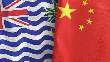 China and British Indian Territory two flags textile cloth 3D renderingの写真素材