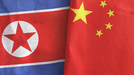 China and North Korea two flags textile cloth 3D renderingの写真素材
