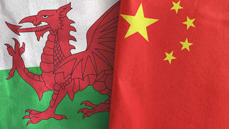 China and Wales two flags textile cloth 3D renderingの写真素材