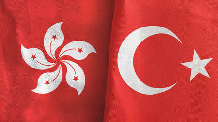Turkey and Hong Kong two flags textile cloth 3D renderingの写真素材