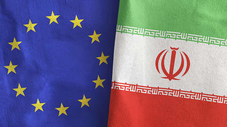 Iran and European Union two flags textile cloth 3D renderingの写真素材