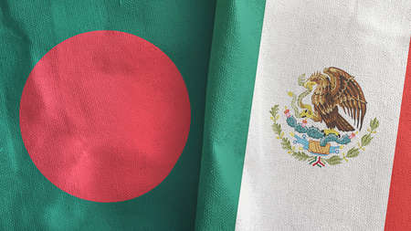 Mexico and Bangladesh two flags textile cloth 3D renderingの写真素材