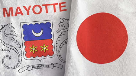 Japan and Mayotte two flags textile cloth 3D renderingの写真素材