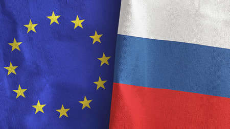 Russia and European Union two flags textile cloth 3D rendering