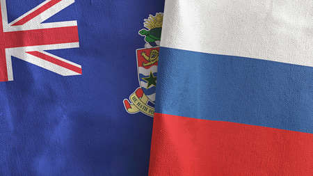 Russia and Cayman Islands two flags textile cloth 3D renderingの写真素材