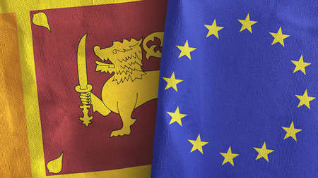 European Union and Sri Lanka two flags textile cloth 3D renderingの写真素材