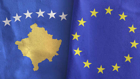 European Union and Kosovo two flags textile cloth 3D rendering
