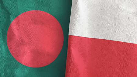 Poland and Bangladesh two flags textile cloth 3D renderingの写真素材