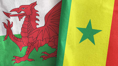 Senegal and Wales two flags textile cloth 3D renderingの写真素材