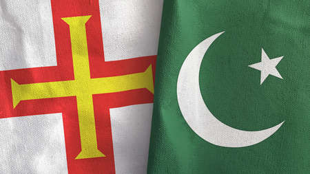 Pakistan and Guernsey two flags textile cloth 3D rendering
