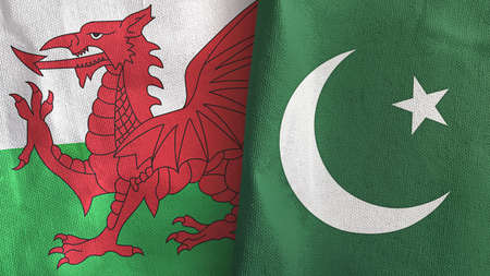 Pakistan and Wales two flags textile cloth 3D rendering
