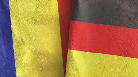 Germany and Romania two flags textile cloth 3D renderingの写真素材